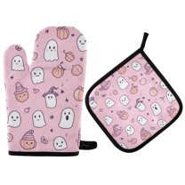 Yayeee Oven Mitts and Pot Holder Set of 4 Heat Resistant Kitchen Gloves Baking Hot Pad, Pink Halloween