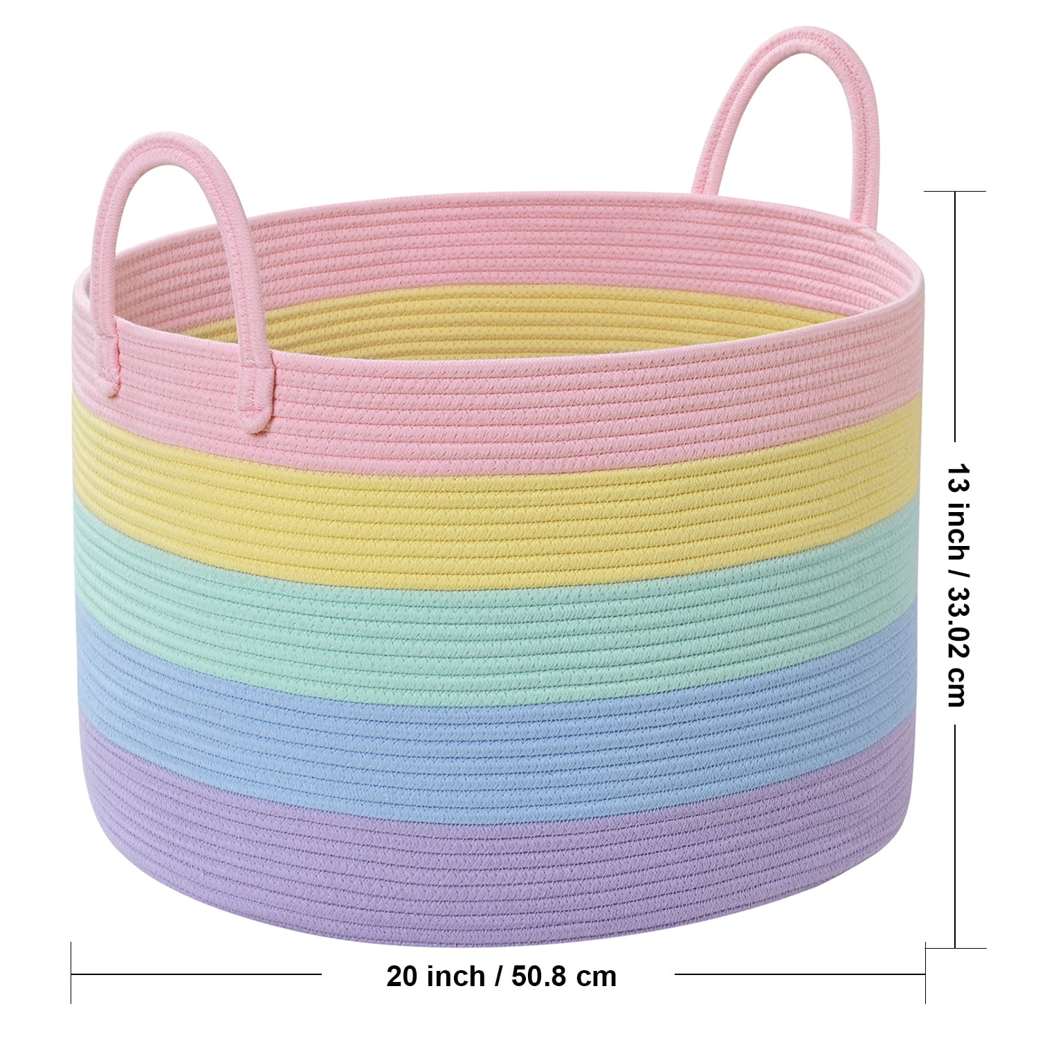 Natubeau 65L Large Cotton Rope Storage Basket, Soft Rainbow Decorative Basket for Living Room & Nursery, Foldable Laundry & Toy Organizer, 20"x20"x13"