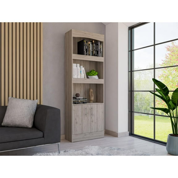 Depot E-Shop Dozza Bookcase with 3 Shelves, Double Door Cabinet, and Metal Handles, Light Gray