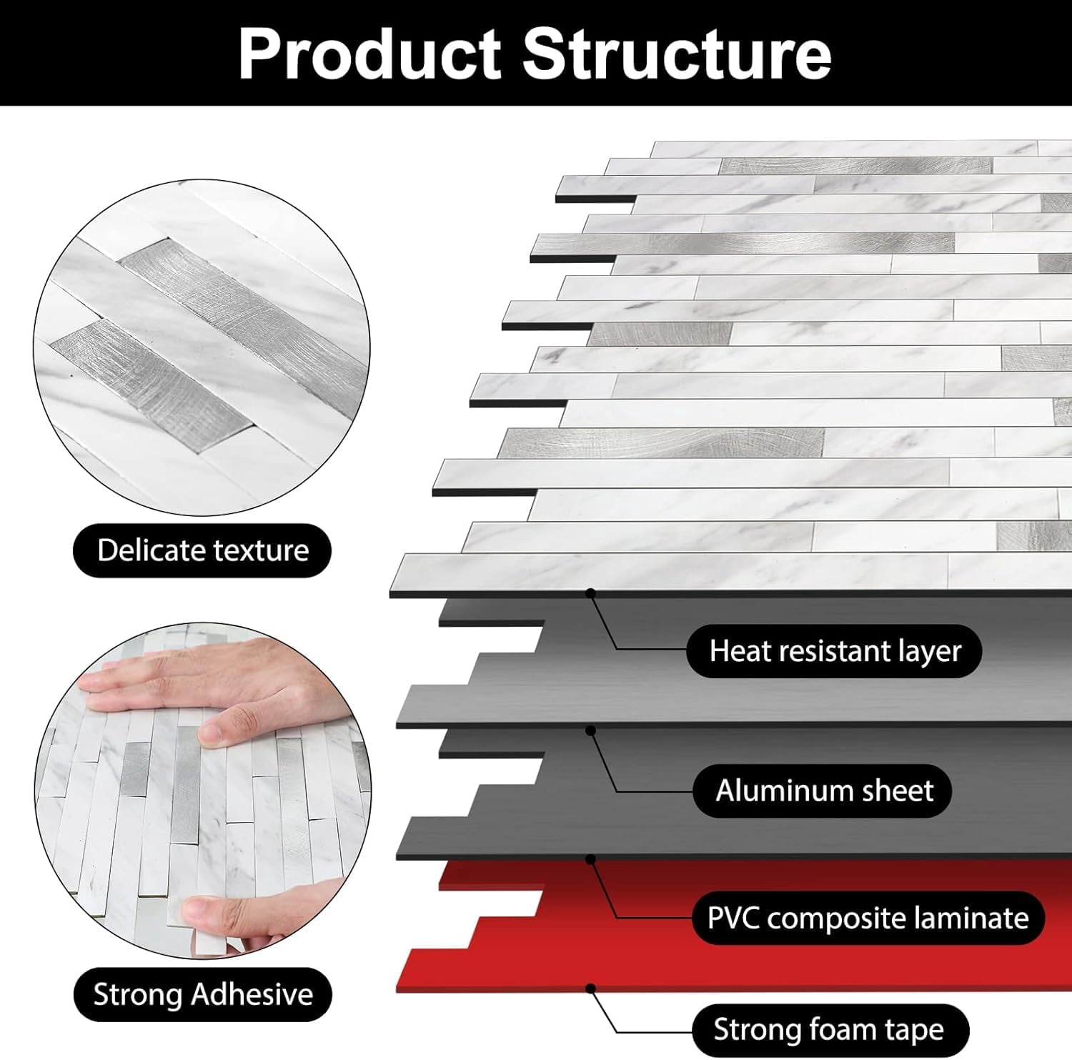 Peel And Stick Marble Backsplash Tile  10 Sheets White With Embellished Stripes Self-adhesive Wall For Kitchen Bathroom Fireplace Rv (11.4" X 10.6")
