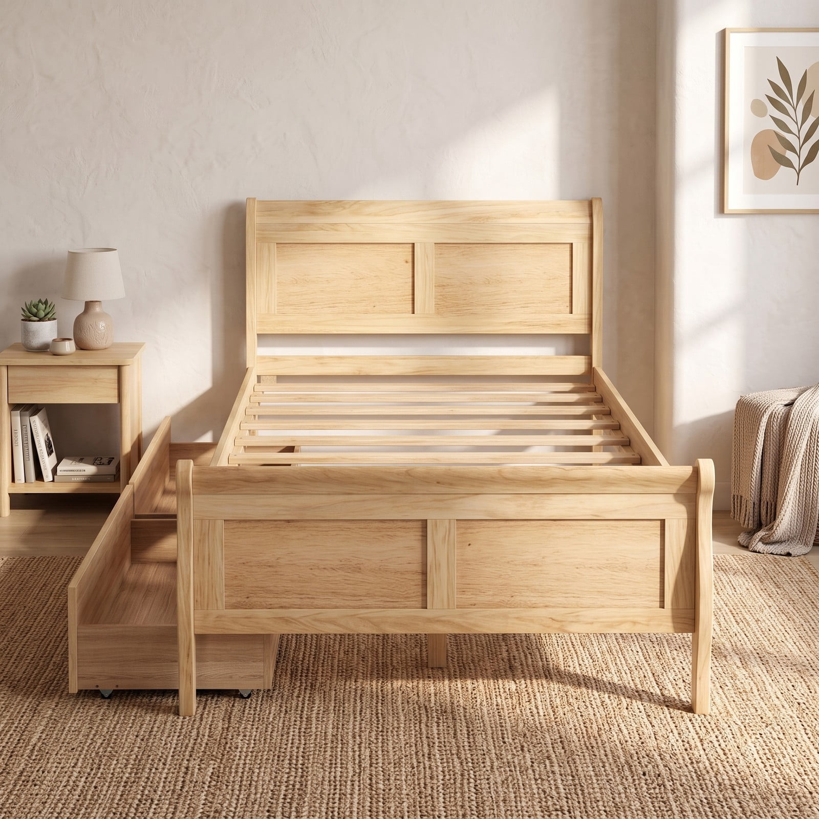 Furnibear Twin Bed Frame with 2 Storage Drawers, Wood Sleigh Platform Bed Frame with Storage and Curved Headboard for Kids Room and Bedroom, Natural