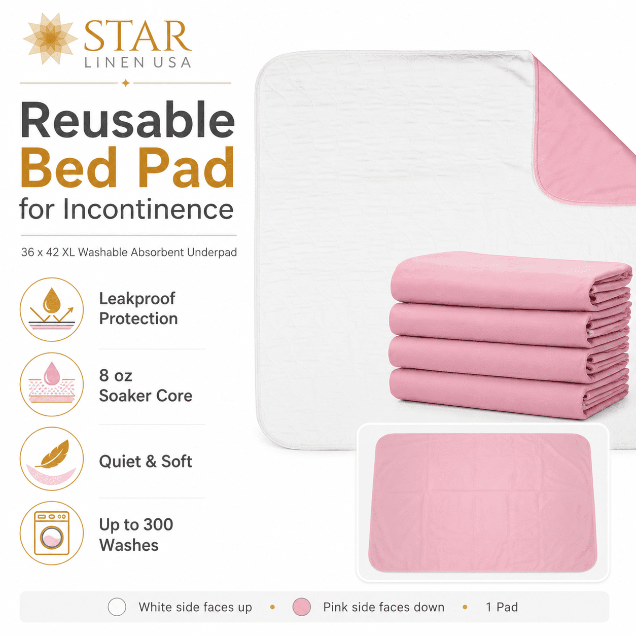 Star Linen | Reusable Bed Pad for Incontinence | 36 x 42 XL | Washable Absorbent Bedwetting Incontinence Sheet Protector