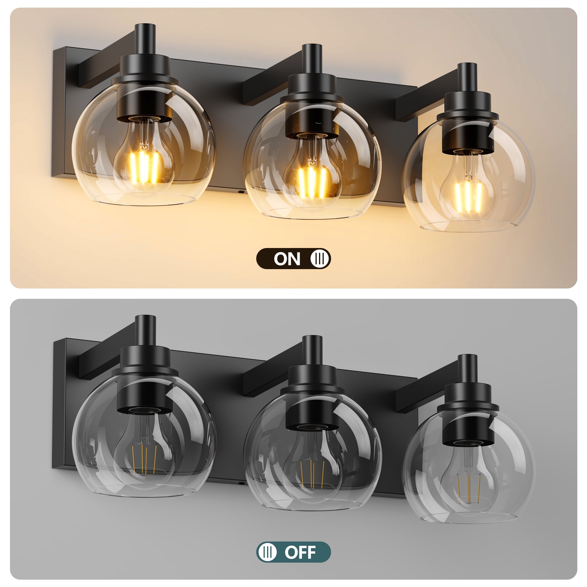 Bathroom Light Fixtures 3 Light Matte Black Vanity Light 20 Inch Modern Wall Sconces with Globe Clear Glass Shade Vanity Lighting Fixtures Over Mirror