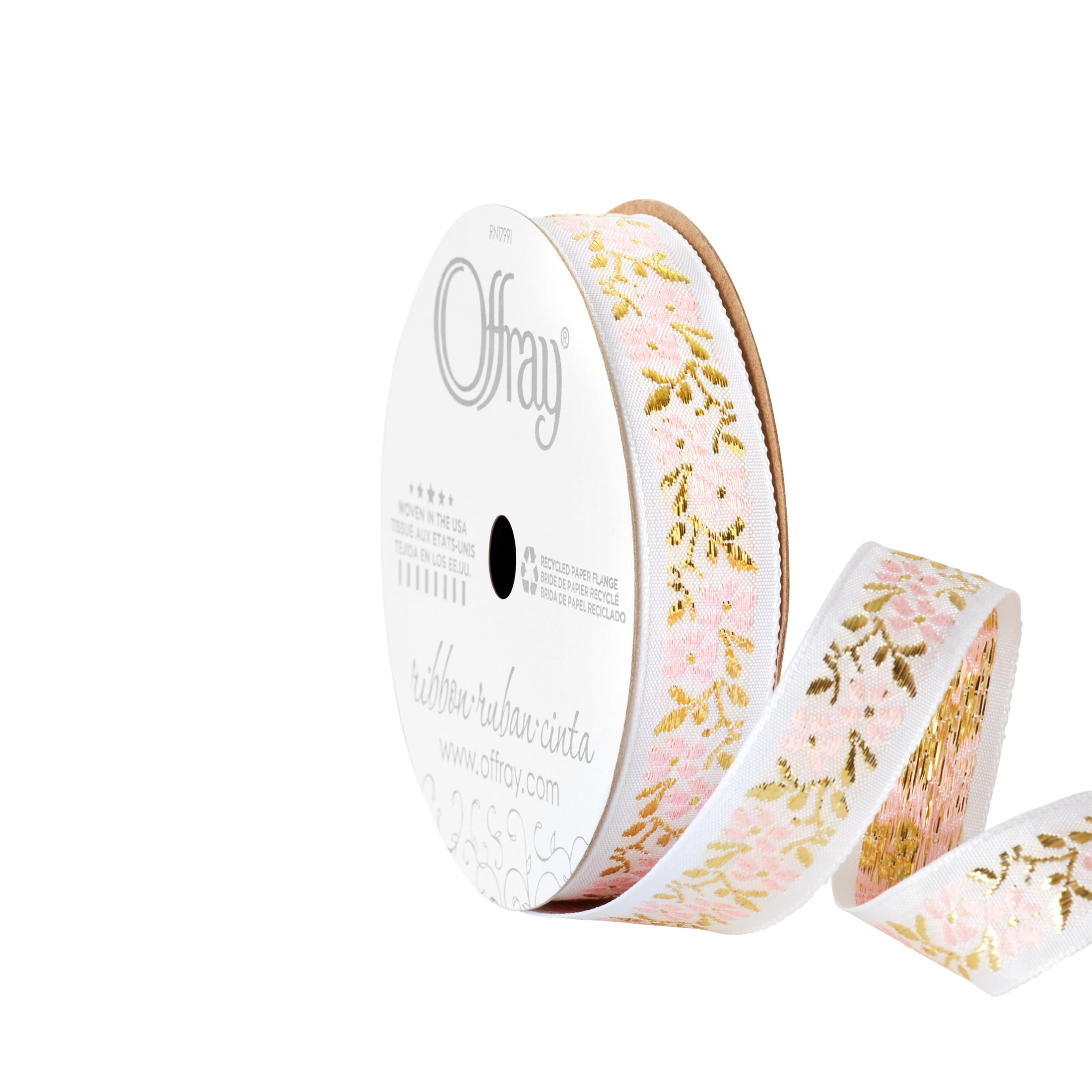 (3 pack) Offray Ribbon, White 5/8 inch Floral Jacquard Ribbon for Wedding, Crafts, Gifting, 9 feet, 1 Each