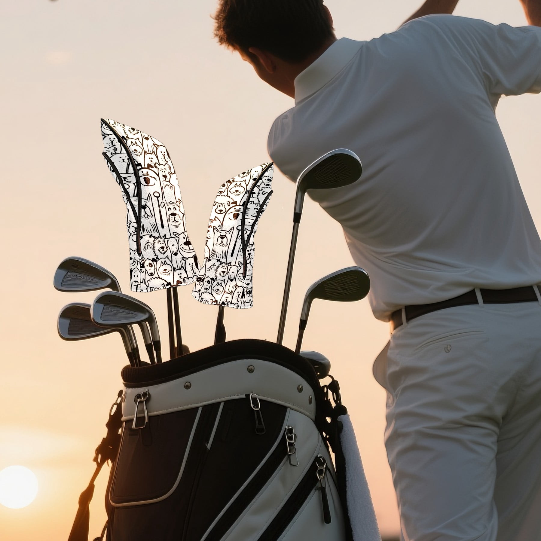 Golf Club Covers, White Animal Premium PU Leather Driver Hybrid Putter Head Covers with Velvet Lining, Waterproof Golf Gifts for Men Women