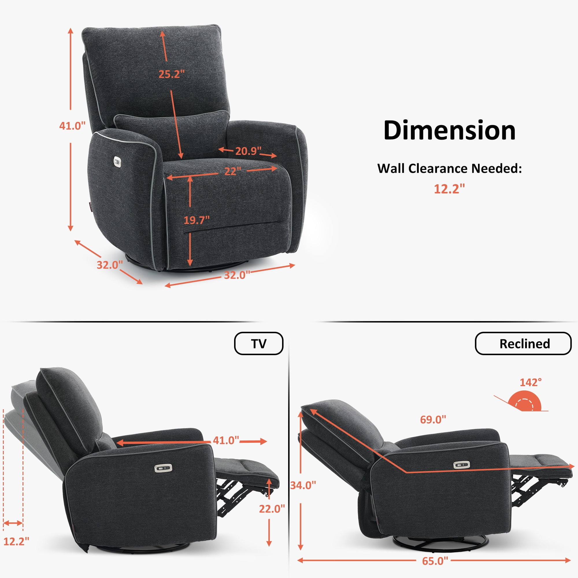 MCombo Power Swivel Glider Recliner Chair, Electric Rocker Recliner Chairs with USB Charging Ports for Living Room and Nursery, Fabric 6922 (Grey)