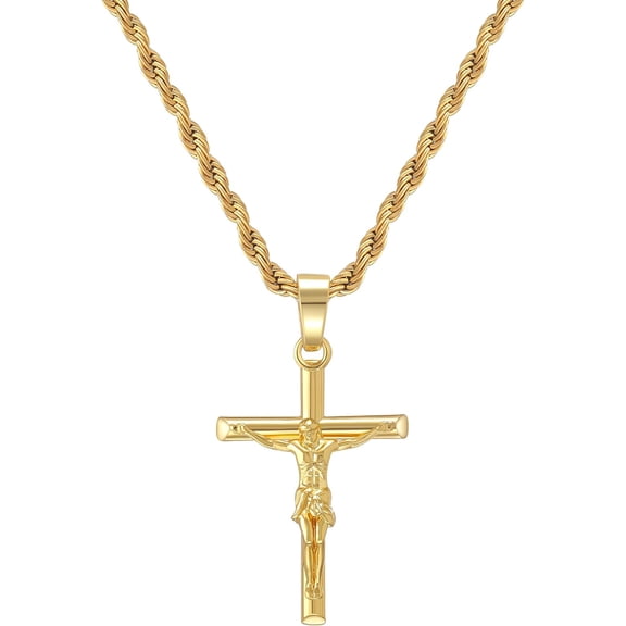HELLOICE Crucifix Cross Necklace 18K Gold Plated Cross Pendant with 3mm 22" Rope Chain for Men Women