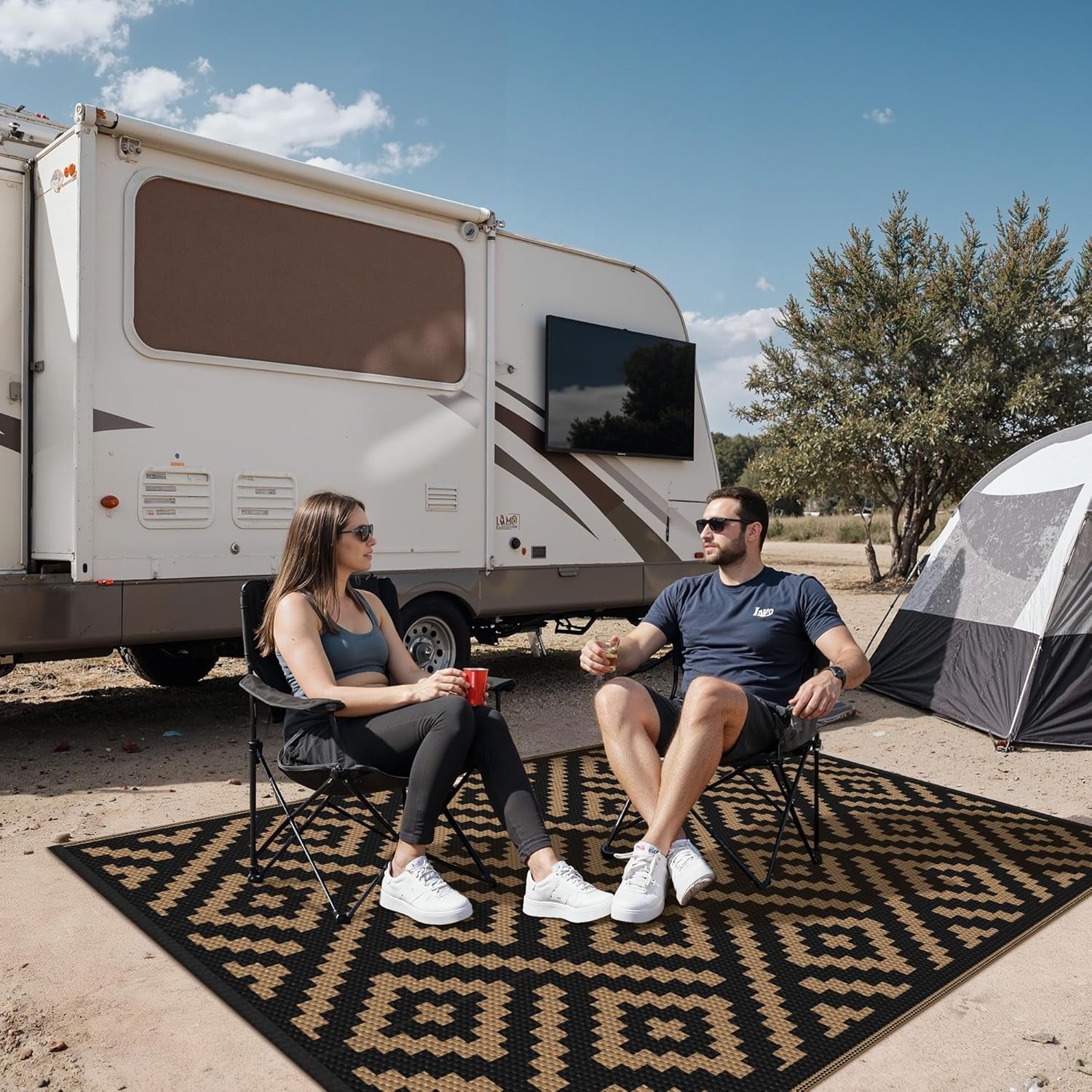 Outdoor Rug for Patio - Waterproof Plastic Straw Camping Rugs 4x6 ft, Reversible Outdoor Indoor RV Mat Carpet for Patio, Porch, Deck, Balcony, Picnic, Beach, Black Brown