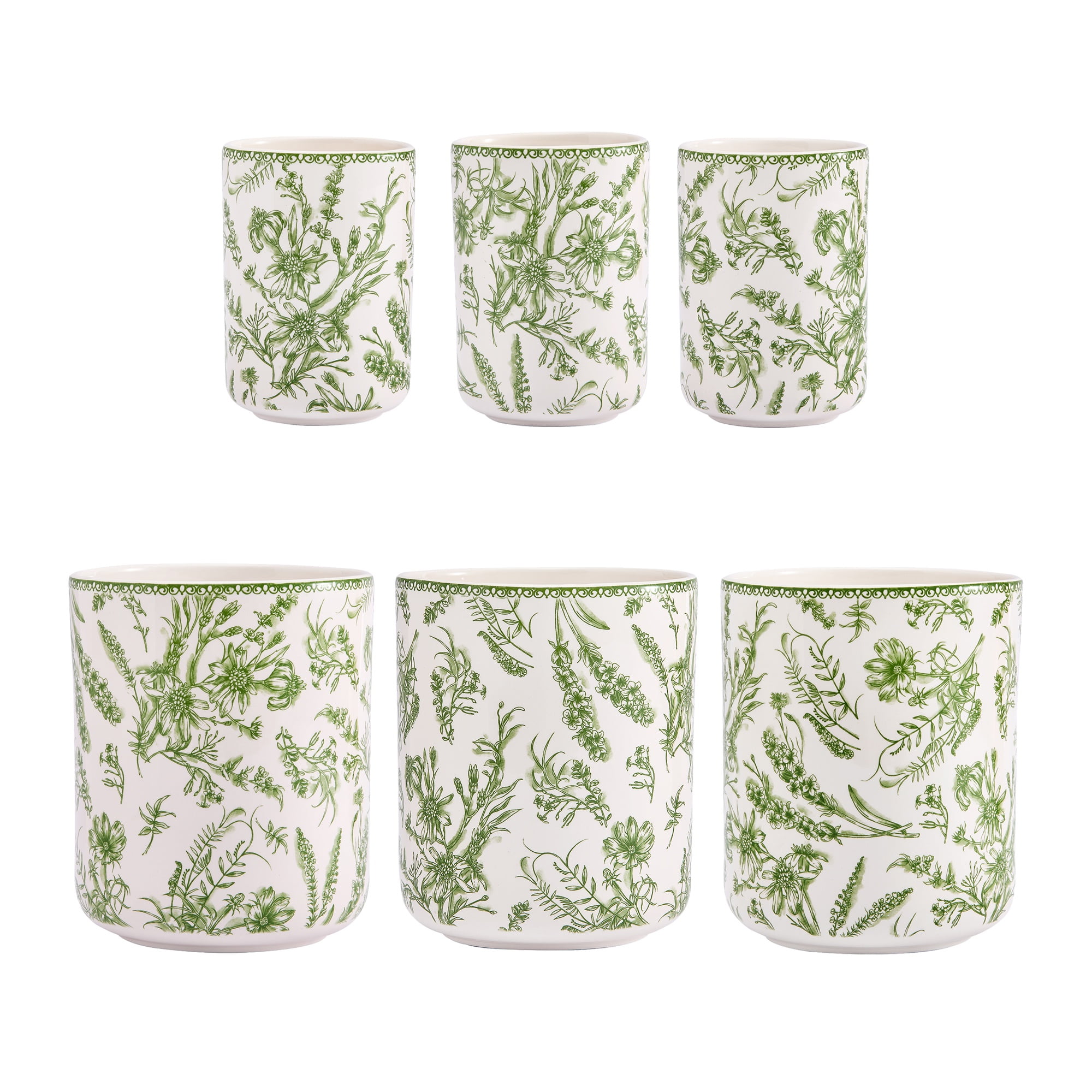 Bico Green Garden Toile De Jouy Ceramic Utensil Holder Set of 2, Ceramic Kitchen Utensil Crocks for Countertop, Large Cooking Tool Holder Counter Decor, Spatula Organizer