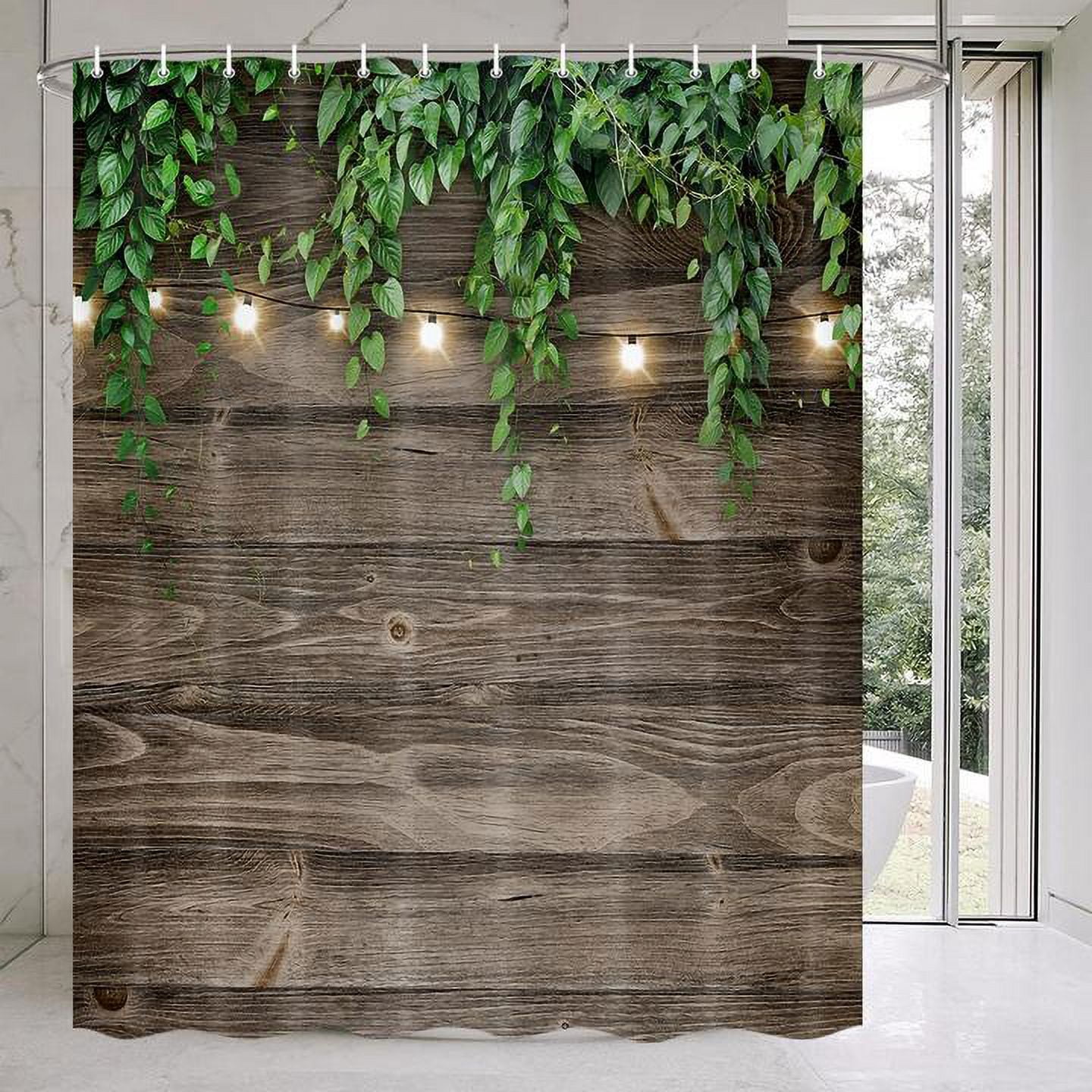 Rustic Outdoor Wall Shower Curtain, Grey Camo Shower Curtain Set for Bathroom, Vintage Wooden Bran Door Green Leaves Fabric Shower Curtain Restroom Bathtub Decor Accessories with Hooks 72X 84 inch