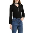 thumbnail image 5 of Allegra K Women's Keyhole Stand Collar Blouse Long Sleeve Button Front Shirt Top, 5 of 6