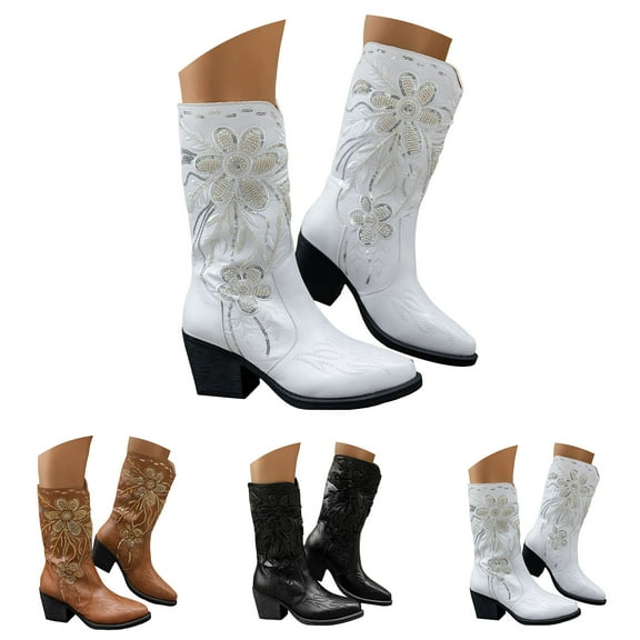 Dakaela Women's Cowboy Boots Pull on Cowgirl Mid Calf Boot Embroidered Chunky Heel Western Booties Black 6