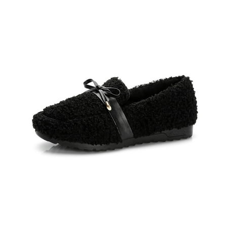 

Ferndule Ladies Slip On Moccasins Indoor Outdoor Memory Foam Round Toe Warm Shoe Breathable Bow Tie Loafers Black 5