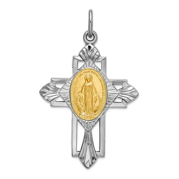 925 Sterling Silver Rhodium Plated Gold Tone Immaculate Conception Medal Religious Faith Cross Pendant Necklace 36.4x22.