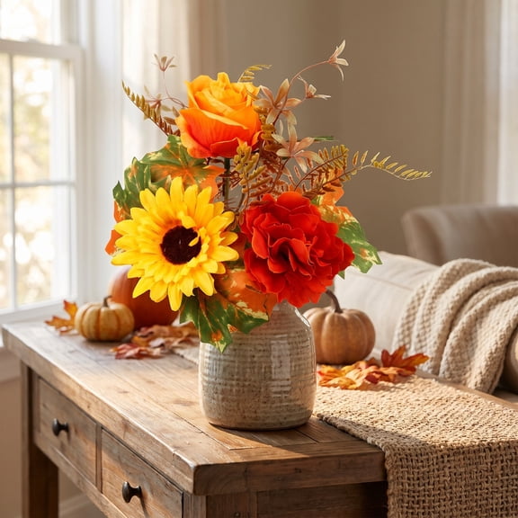 Orangide Fall Sunflower Bouquet Artificial Sunflowers Faux Fall Flowers, Thanksgiving Autumn Centerpiece Vase Decor for Table Mantel Home