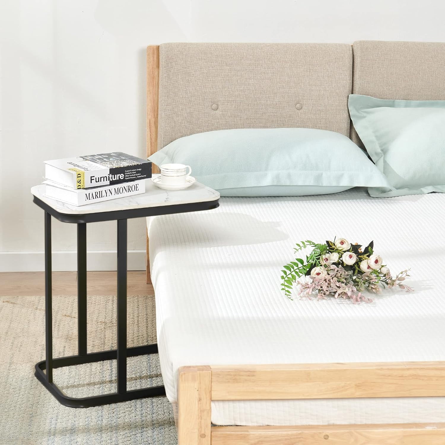 Nathaniel Home C-Shaped Sofa Side End Table, Legant Modern Sofa Side Table, Square Under Sofa Tables, with Painted Metal Frame, Black/White