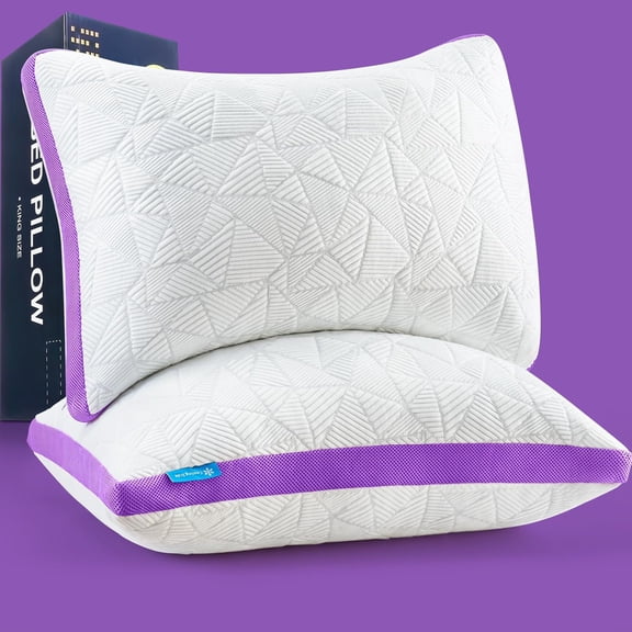 Queen Size Set of 2 Shredded Memory Foam Cooling Pillows with Gel Infusion Purple