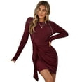 thumbnail image 2 of hirigin Women's Tie Waist Sweater Dress, Long Sleeve Round Neck Solid Color Ruched Knit Dress, 2 of 9