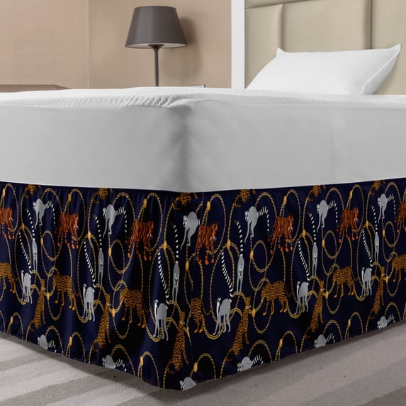 Lemur Bed Skirt, Exotic Tiger Leopard Madagascar Monkey Chains Abstract Repeating Pattern, Elastic Bedskirt Dust Ruffle Wrap Around for Bedding Decor, 4 Sizes, Apricot Dark Navy Blue, by Ambesonne