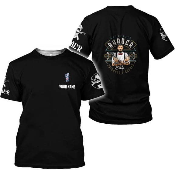 Personalized Barber Shop Shirt 3D Barber Shirts Hairdresser Haircutting Hairstylist Custom Salon Barber Tshirt Pole Scissors (S)