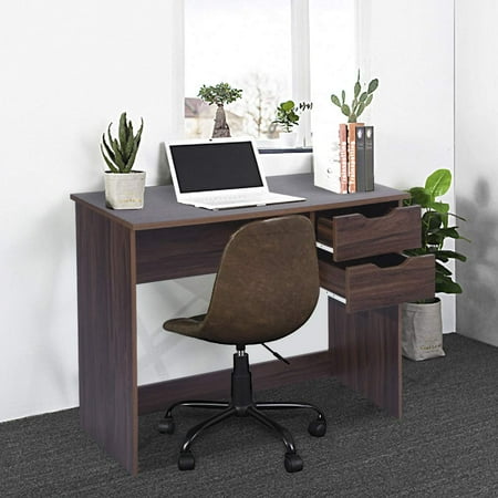 HOMY CASA Brown Computer Desk Writing Study Table with 2 Side Drawers Classic Home Office Laptop Desk Brown Wood Notebook Table