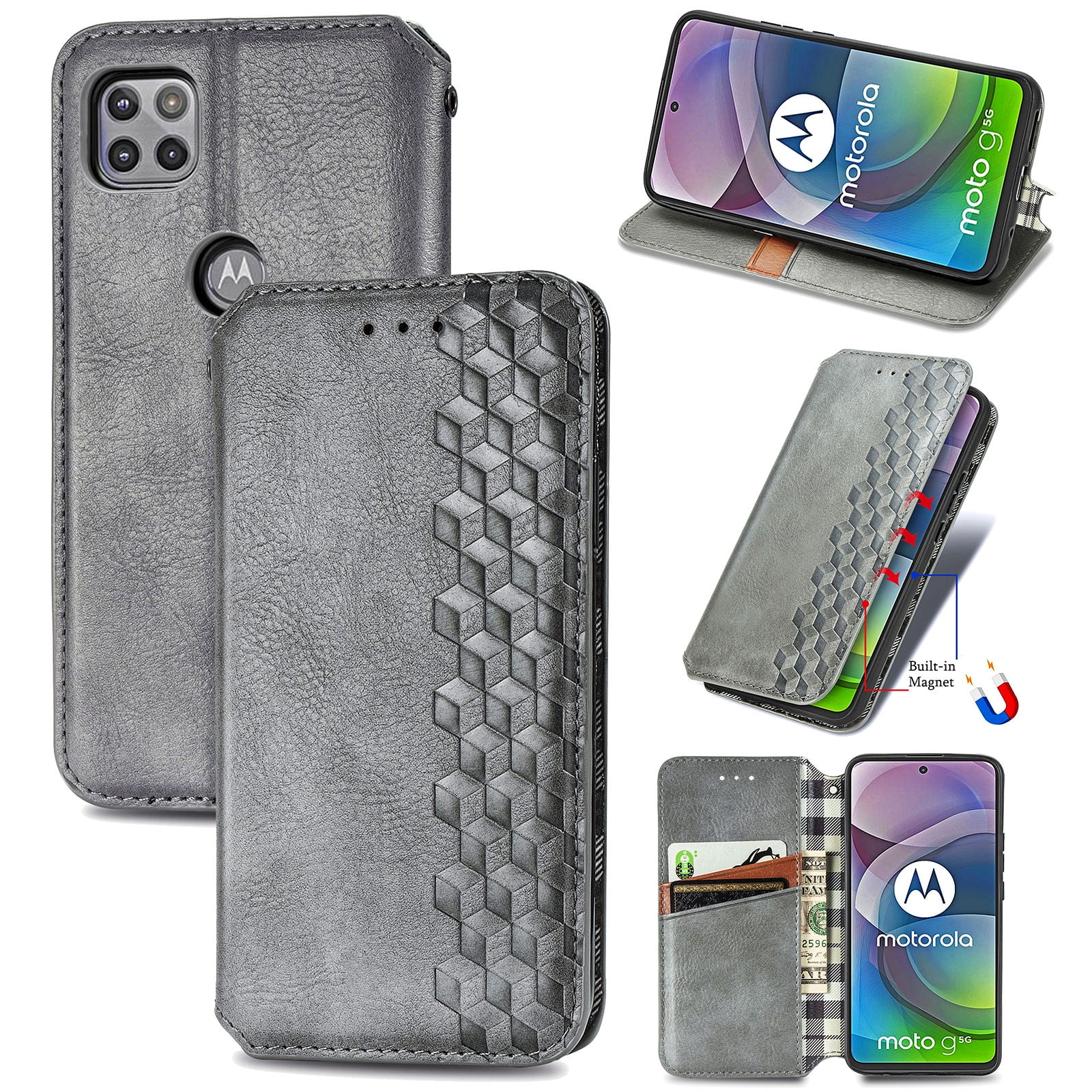 Moto One 5g Ace Case Pu Leather Tpu Wallet Cover With Card Holder Kickstand Hidden Magnetic