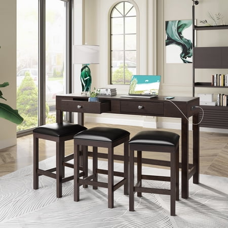 CoSoTower 4-Piece Counter Height Table Set with Socket and Leather Padded Stools, Espresso