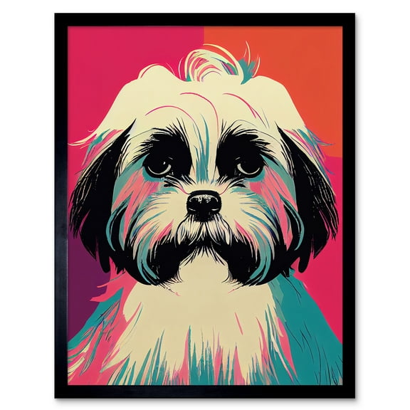 Modern Cute Shih Tzu Dog Vibrant Bright Portrait in Pink Blue Orange Cream Art Print Framed Poster Wall Decor 12x16 inch