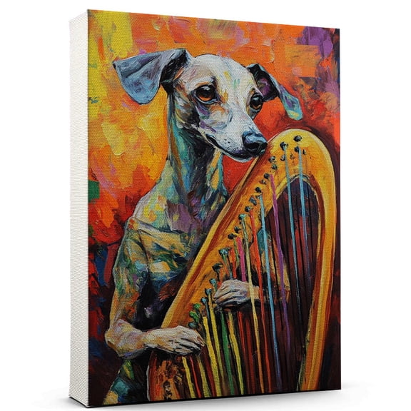 Whippet Dog Harp Art Stretched Canvas Size 8x12 – Whippet Dog Playing Harp Wall Art, Dog Lover Canvas, Music Theme Decor for Living Room