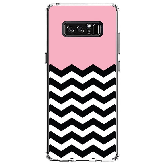 DistinctInk Clear Shockproof Hybrid Case for Samsung Galaxy Note 8 - TPU Bumper, Acrylic Back, Tempered Glass Screen Protector - Black White Pink Chevron - Black & White Stripes Pattern