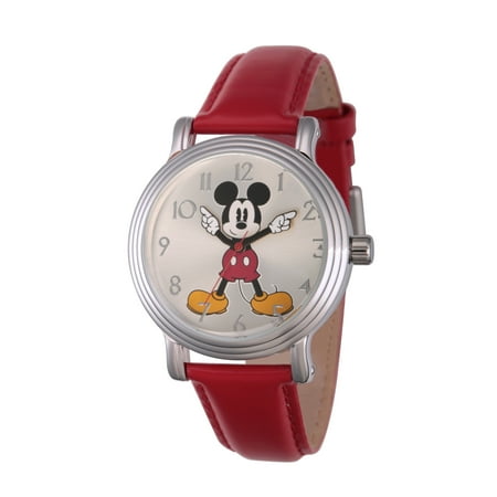Mickey Mouse Women's Silver Vintage Alloy Watch, Red Leather Strap