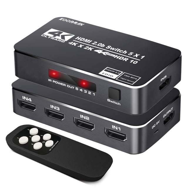 Conmutador HDMI Koopman de 5 puertos 4K 60 Hz con control remoto IR HDR10 3D