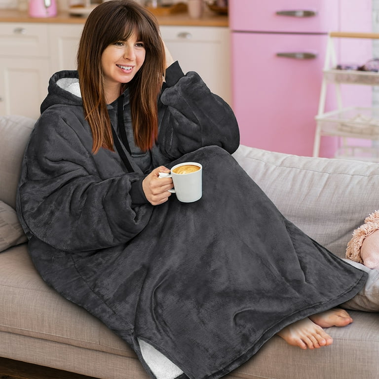 PAVILIA Blanket Hoodie for Women Grey Sherpa Wearable Blanket Men Cozy Oversized Sweatshirt Blanket Warm Fleece Hooded Blanket Sweater with Sleeves and Two Big Pocket Adult Long Gray Walmart