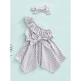 thumbnail image 2 of Franhais Girls' Casual Dress Dots Printed Slanted Shoulders Ruffles Irregular Hem with Belt + Hairband, 2 of 9