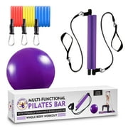 Multi-Functional Resistance Pilates Bar Kit with 3 Power Resistance Bands Portable Home Gym Workout Package, Toning Bar Yoga Pilates Stick for Total Body Workout Yoga Ball Included (Purple)