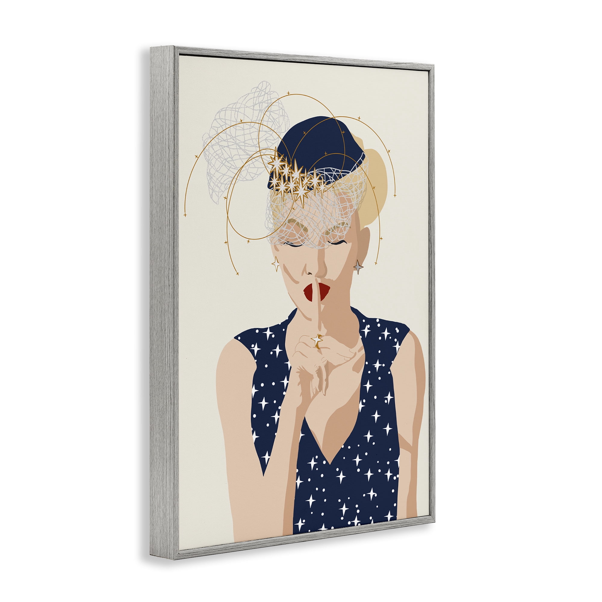 Stupell Industries Chic Fashionista Portrait Novelty Painting Gray Framed Art Print Wall Art, 16 x 24