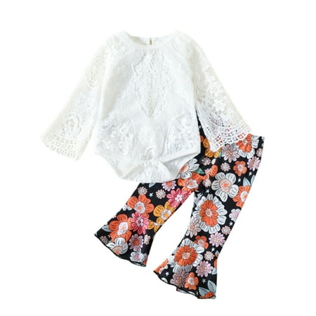 

Toddler Baby Girls Fall Outfits Long Sleeve Lace Romper Shirt and Floral Bell-Bottoms Trousers