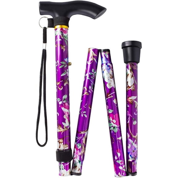 Foldable Walking Stick - Purple Floral Aluminum Cane, Lightweight