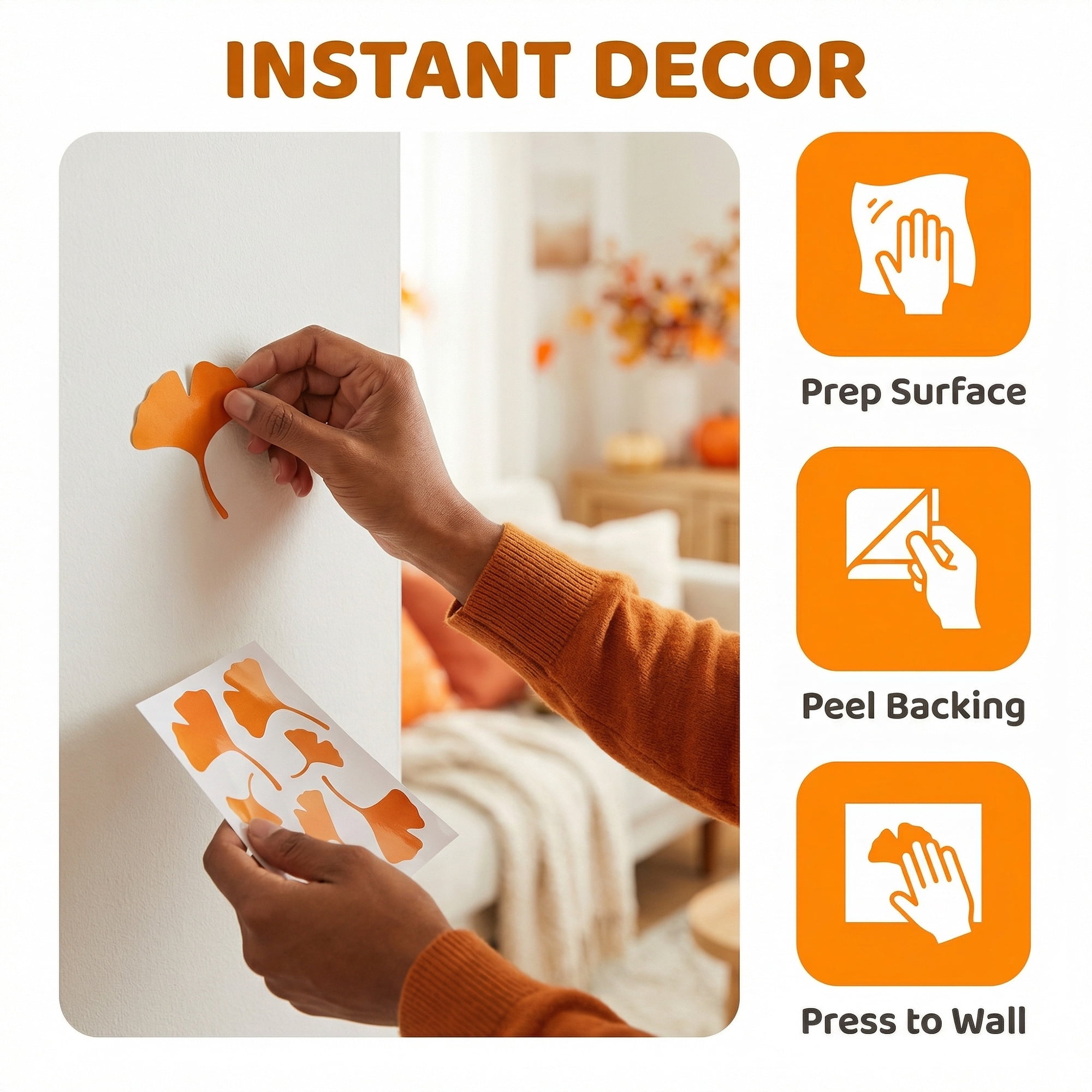 Unique Bargains Glow in the Dark Animal Wall Decals Orange Ginkgo Leaves 11.4" x 7.9"