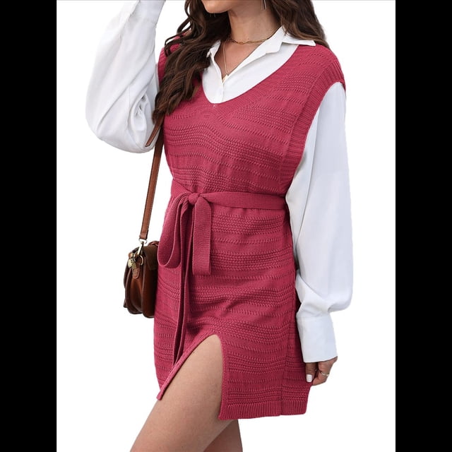 de Vestido Tipo Chaleco para Mujer, Suéter de Punto, Suéter con Cuello en V y Cintura Anudada Rojo XL