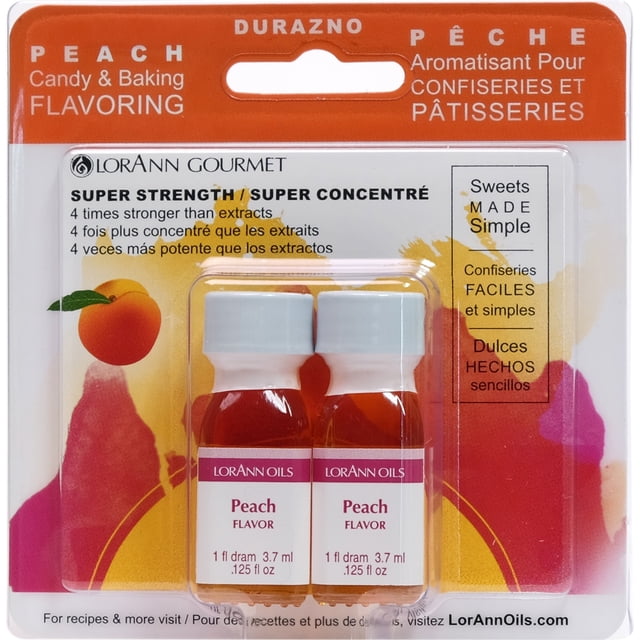 aceites lorann Peach, paquete blister con dos frascos de 3.7 ml (1 fl dram) de saborizante durazno LorAnn Oils para repostería y aromatización de productos caseros, etiqueta blanca y naranja visible.