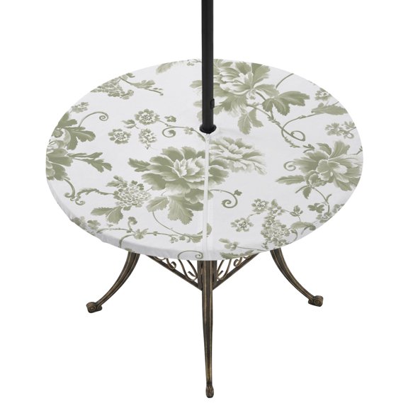 Round Outdoor Tablecloth with Umbrella Hole and Zipper, Rustic Flowers Tablecloth with Elastic Waterproof, Sage Green Pastoral Botanical Floral Leaves Patio Table Covers for 55" - 60" Pool Tables