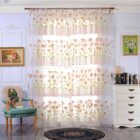 ZOUSSIQI 1*2m Calla Lily Flower Printing Window Curtain Transparent House Decorative Sheer Drape(Coffee) JU316-52411