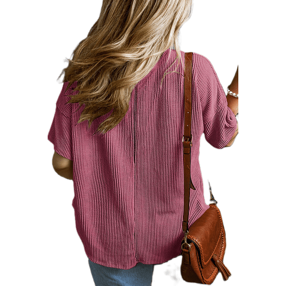 Women's Rose Pink Textured V-Neck Dropped Shoulder Plus Size T-Shirt