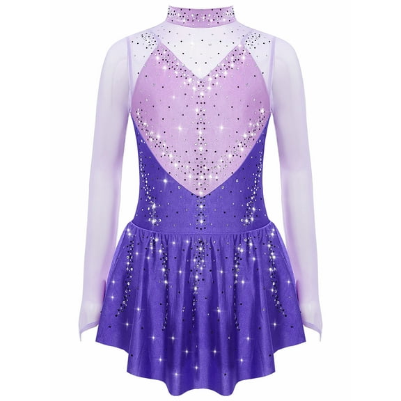 Nyeemya Big Girls Figure Ice Skating Dress Ballet Dance Tutu Skirt Leotard Long Sleeve Lyrical Dance Dress Purple 8