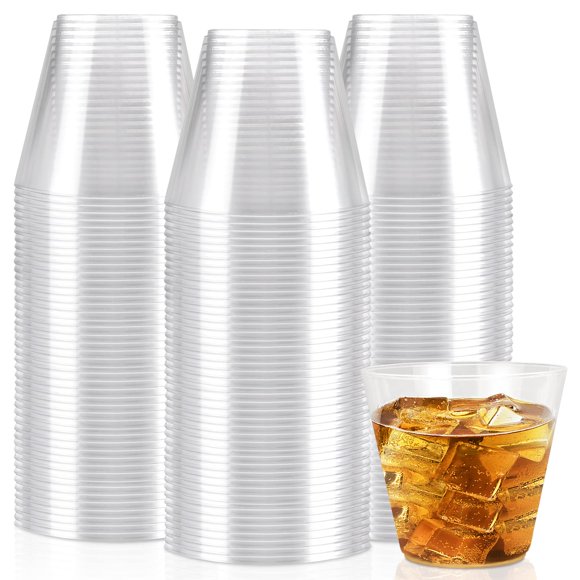 EASERCY Gobelets en Plastique Pailletés Gobelets Jetables Pailletés Dorés 9 Oz Lot de 100 Gobelets en Plastique Transparents Verres à l'Ancienne Verres à Vin Recyclables pour Fêtes Gobelets de Fête Élégants Décorations de Mariage