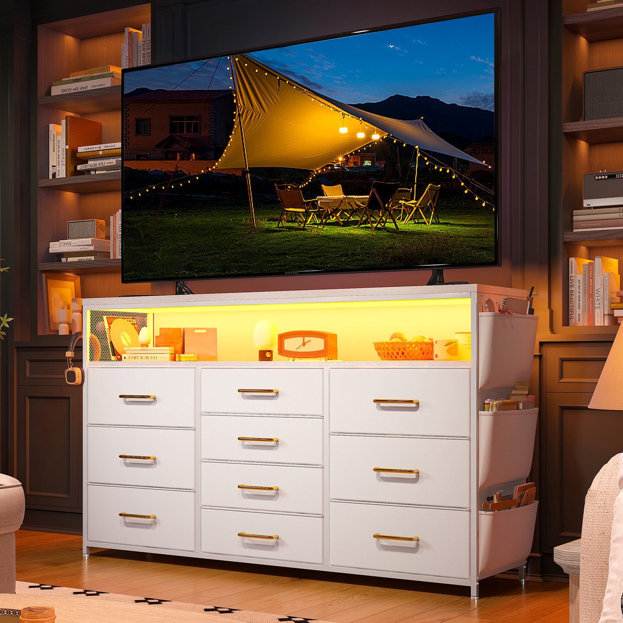 EnHomee White Dresser TV Stand with Power Outlets &LED Lights&Entertainment Center Wide Dresser for Bedroom with 10 Drawers Side Pockets & Hook Fabric Chest of Drawers