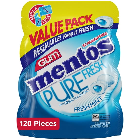 Mentos Pure Fresh Sugar-Free HP29 Chewing Gum with Xylitol, Fresh Mint, 120 Piece Bulk Resealable Bag (Pack of 1)
