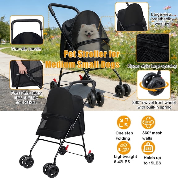 Tereitr 4 Wheel Pet Stroller for Small Medium Dogs, Foldable Dog Stroller with Canopy, Breathable Mesh, Lightweight Jogger Stroller for Cats and Puppies