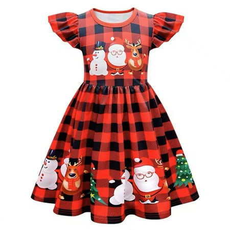 

Phenas Little Girls Casual Dress Flutter Sleeve Toddler Summer Sundress Christmas Printed Party Twirly Swing Dress